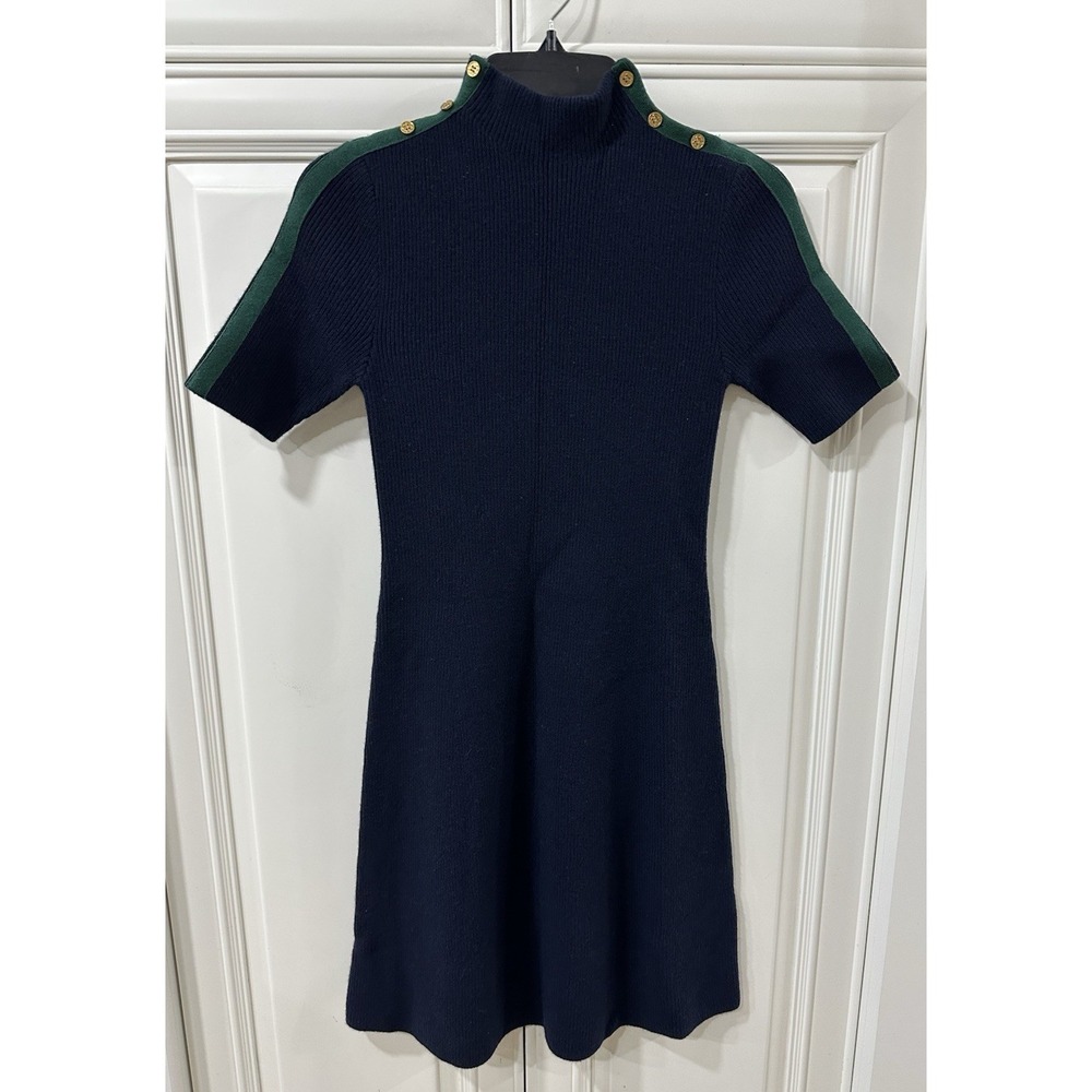 Tory Burch Navy Knit V-Neck Dress with Green Shoulder Stripes and Gold Buttons